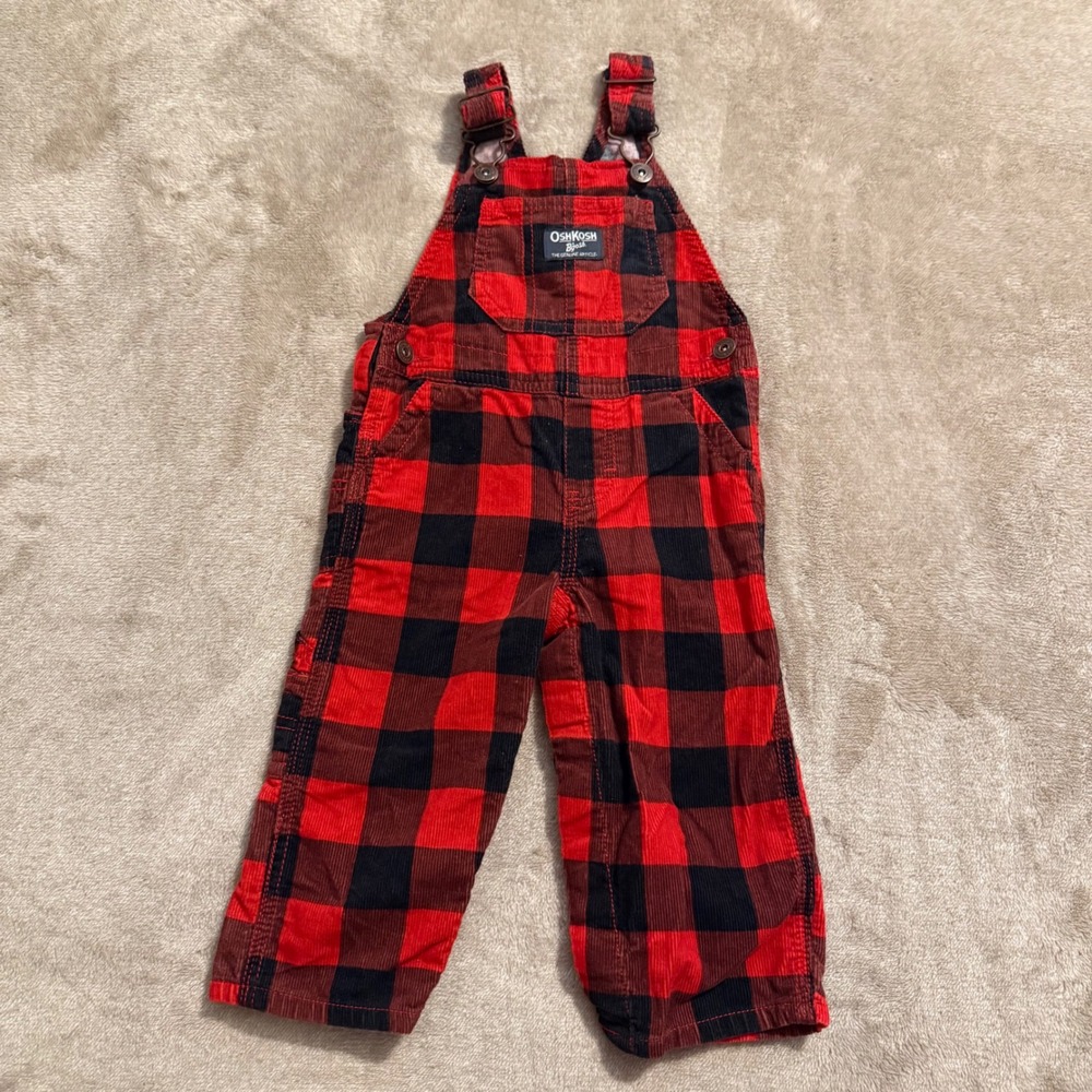 OshKosh Bgosh Baby Boys Red Black Buffalo Plaid Corduroy Overalls 12 Months